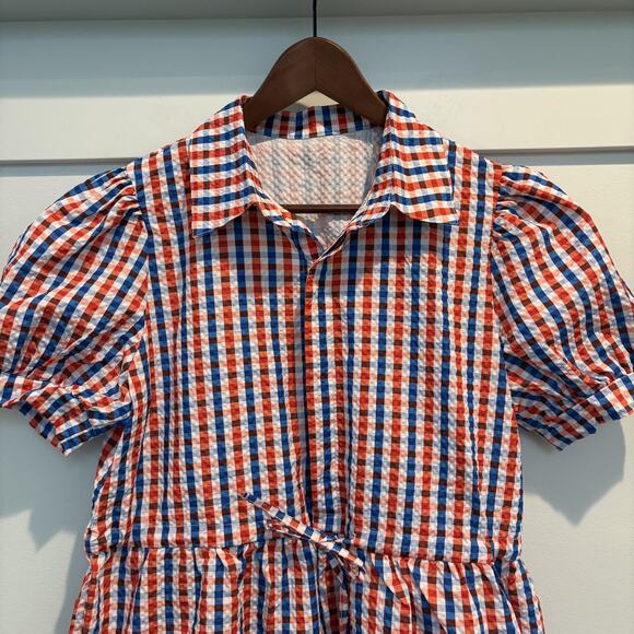 Plaid Gingham Shirt Dress Women Medium Red Blue Puff Sleeve Game Day Button Down - Picture 3 of 13